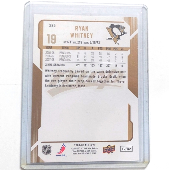 Ryan Whitney 2008-09 MVP Upper Deck Gold Script Hockey Card 033/100 Card - Picture 2 of 2